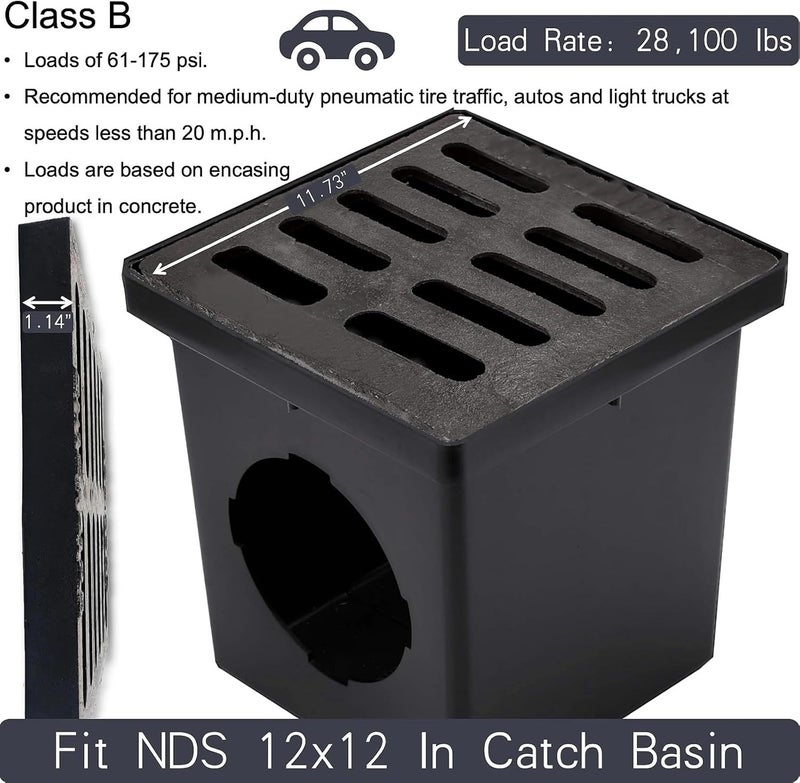 masslunt شبكة تصريف من الحديد الزهر 12x12 بوصة لحوض تصريف NDS، فئة B بوزن 28100 رطل غطاء قناة مدخل قوي للاستخدام الثقيل لبولي لوك، شبكة تصريف خنادق خارجية، غطاء مجاري معدني مربع (حقيقي 11.7x11.7) - Image 2